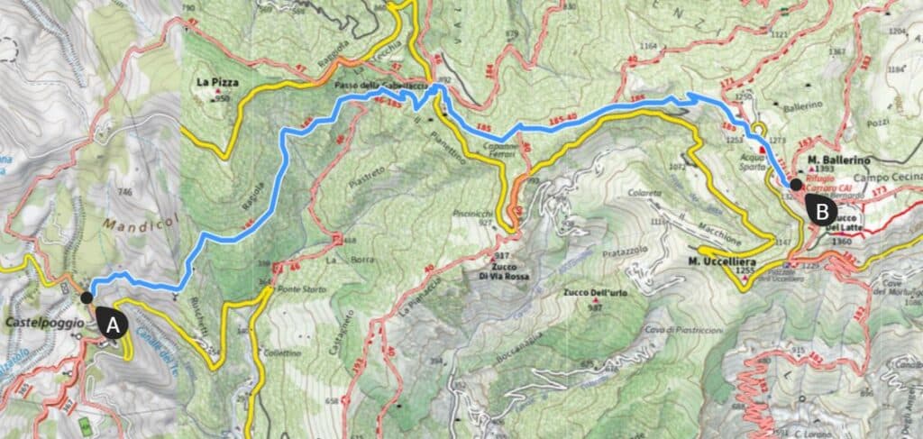 mappa percorso sentiero 185 castelpoggio rifugio Carrara