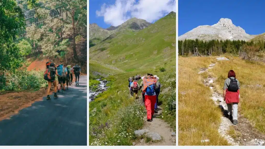 Differenze tra trekking e hiking ed escursionismo, collage foto delle tre diverse attività